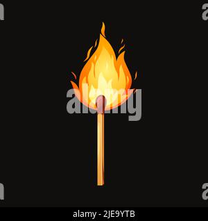 Verbrannter Streichholz mit Feuer. Ganz, zünden Holzstiel. Cartoon Sicherheit isoliert auf schwarzem Hintergrund. Vektor Stock Vektor