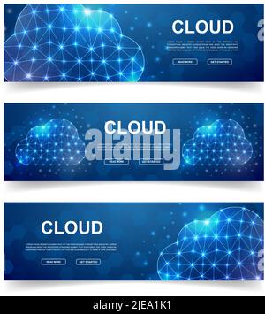Set mit drei horizontalen Cloud-Banner. Horizontale Illustration für Homepage-Design, Promo-Banner. Datenbank Low-Poly-Symbole mit verbundenen Punkten Stock Vektor