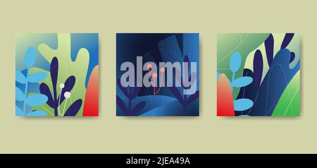 Quadratische Karten mit Doodle bunte verlassen Formen Illustrationen. Stock Vektor