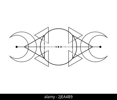 Magischer Dreifachmond. Symbol der Wikingergottheit, keltische Heilige Geometrie, Wiccan schwarzes Logo Tattoo, alchemistische esoterische Dreiecke. Spiritueller Okkultismus Stock Vektor