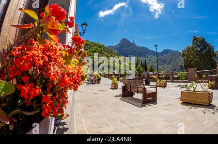 15 Februar 2022 Tejeda Gran Kanarischen Bergstadt mit charmanten Straßen mit Blumen in allen Farben gelb, lila und orange und ein Panorama mit volc Stockfoto