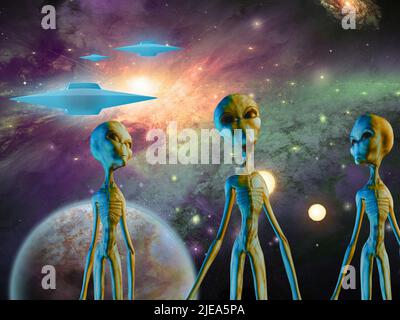 Aliens und Raumfahrzeuge. 3D Rendern Stockfoto