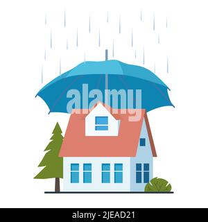 Hausversicherungskonzept. Schutz von Immobilien, Wohnung Cartoon Haus unter Regenschirm geschützt, Sicherheit zu Hause, Sicherheit. Vektorgrafik Stock Vektor