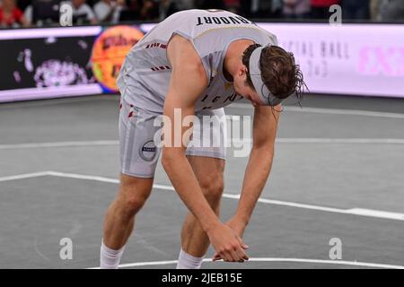 Der belgische Thibaut Vervoort, aufgenommen während eines 3x3-Basketballspiels zwischen Belgien und Frankreich, beim Bronzemedaillenspiel der Männer, bei der FIBA 2022-Weltmeisterschaft, Sonntag, 26. Juni 2022, in Antwerpen. Die FIBA 3x3 Basket World Cup 2022 findet vom 21. Bis 26. Juni in Antwerpen statt. BELGA FOTO DIRK WAEM Stockfoto