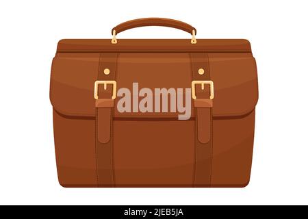 Lederkoffer, Gürtel und Griff braun. Aktentaschensymbol Nahaufnahme isoliert auf weißem Hintergrund. Urlaub und Reisen Konzept. Vintage Tasche. Vektor flach Stock Vektor