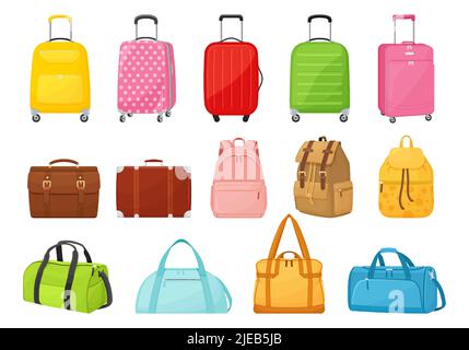 Koffer und Taschen aus Kunststoff, Metall, Leder. Reisekoffer, Reisepaket, Business-Tasche, tripp-Gepäck. Sammlung verschiedener Taschen, Koffer, Backp Stock Vektor