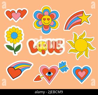 Nostalgia 70s Aufkleber, Abzeichen, isolierte groovige Elemente, Emoticons und Slogan Love im groovigen Stil mit in Smiley Face, Blumen, Sonne und Regenbogen hören Stock Vektor