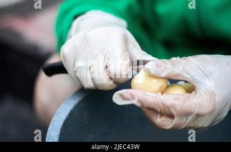 Die Hände der Frau in weißen Handschuhen schälen rohe neue Kartoffeln, Nahaufnahme. Reinigung von Bio-Kartoffeln. Detail der weiblichen Hände, die frische gelbe Kartoffel mit Kitc schälen Stockfoto