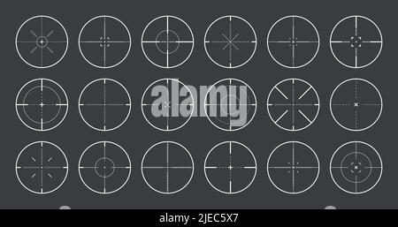 Verschiedene Scharfschützengewehr Visiere, Waffe optischen Scope Fadenkreuz. Sucher für Jagdwaffen. Symbol für das Aufschießzeichen, zielen. Militärisches Zielschild. Spieloberfläche Stock Vektor