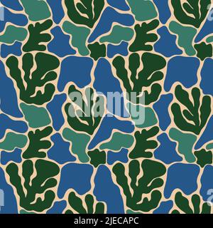 Illustration moderner exotischer Pflanzen. Kreative Collage modernes florales Nahtloses Muster. Modeschablone mit Blumen und Blättern für Textilien, Druck Stockfoto