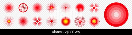 Schmerzlokalisierung. Schmerzhafter Bereich, schmerzende Stelle. Rote Kreise, Ziele. Kopfschmerzen, gequetschter Körperteilmarker. Symbol für Rücken-, Nacken- und Muskelschmerzen Stock Vektor