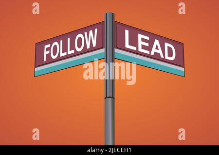 Folgen Sie auf einer Seite mit Leadanother Richtung, Chrom-Straßenschild, mit gelesenen und grünen Richtungspfeiletiketten, bläulich Cyan Hintergrund. Stock Vektor