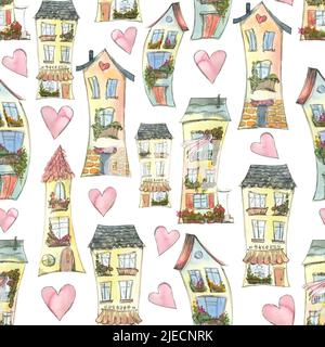 Niedliche Häuser mit Herzen. Aquarell-Illustration im Skizzenstil mit grafischen Elementen aus einem großen Satz VON PARIS. Nahtloses Muster. Für Stoff, textil Stockfoto