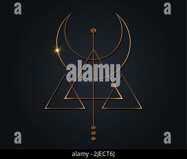 Magischer Halbmond. Symbol der Wikingergottheit, keltische Heilige Geometrie, goldenes Logo, alchemistische esoterische Dreiecke. Spiritueller Okkultismus Objekt Vektor illu Stock Vektor
