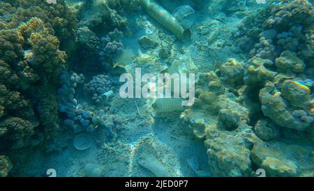 Rotes Meer, Ägypten. 26.. Juni 2022. Meeresboden mit wunderschönem Korallenriff, bedeckt mit Plastik und anderem Müll, Rotes Meer, Ägypten (Bild: © Andrey Nekrasov/ZUMA Press Wire) Stockfoto