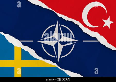 NATO, Türkei und Schweden Flagge zerrissene Papier Grunge Hintergrund. Abstrakt NATO-Mitgliedschaft, politische Konflikte, Kriegskonzept Texturhintergrund Stockfoto