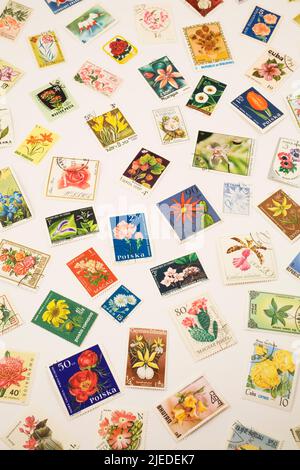 Alte sortierte Briefmarken aus verschiedenen Ländern, die an verschiedene Blumen erinnern. Stockfoto