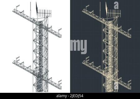 Stilisierte Vektor-Illustrationen isometrischer Blaupausen des Antennenturms Stock Vektor