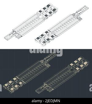 Stilisierte Vektor-Illustrationen von isometrischen Blaupausen von Lowboy-Anhänger Stock Vektor