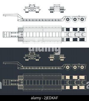 Stilisierte Vektor-Illustrationen von Blaupausen von Lowboy-Anhänger Stock Vektor