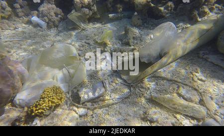 Rotes Meer, Ägypten. 26.. Juni 2022. Meeresboden mit wunderschönem Korallenriff, bedeckt mit Plastik und anderem Müll, Rotes Meer, Ägypten (Bild: © Andrey Nekrasov/ZUMA Press Wire) Stockfoto