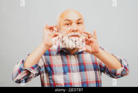 Friseur Senior mit Friseurschere. Mann mittleren Alters. Porträt eines alten kahlen Mannes bärtiger Mann mit grauem Schnurrbart. Stockfoto