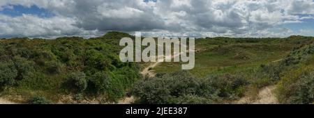 Panoramablick über die Dünenlandschaft an der Nordsee mit grüner Vegetation, Bray-Dunes, Frankreich Stockfoto