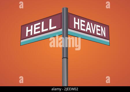 Hölle auf der einen Seite mit Himmel in eine andere Richtung, verchromtes Straßenschild, mit gelesenen und grünen Richtungspfeiletiketten, Halloween Orange Hintergrund. Stock Vektor