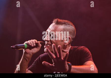 Rom, Italien. 17.. Juni 2018. Fernando Blasi, besser bekannt als Nandu popu von Sud Sound System, tritt auf der Bühne der Villa Ada in Rom auf. (Foto von Valeria Magri/SOPA Images/Sipa USA) Quelle: SIPA USA/Alamy Live News Stockfoto