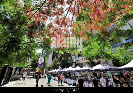 Beirut, Libanon. 26.. Juni 2022. Das Life Beat Festival findet am 26. Juni 2022 in der Hamra Street in Beirut, Libanon, statt. Das Life Beat Festival, das auf die Förderung der öffentlichen Gesundheit und des Wohlbefindens ausgerichtet ist, fand am Sonntag in einer der beliebtesten Einkaufsstraßen in Beirut statt. Die Menschen genossen Gesundheitskonsultationen, Einkaufen, Essen, Trinken, Kunsthandwerk, Live-Auftritte während des Festivals. Quelle: Liu Zongya/Xinhua/Alamy Live News Stockfoto