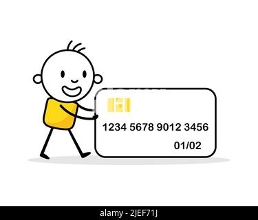 Mann, der eine große Kreditkarte schiebt. Finanz- und Bankkonzept. Vektorgrafik. Stock Vektor