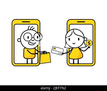 Frau zahlt für ihren Kauf mit einer Kreditkarte, die sie dem Verkäufer über den Smartphone-Bildschirm aushält. Digitales Marketing, Online-Kauf und Stock Vektor
