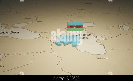 3D Darstellung der isometrischen Landkarte von Aserbaidschan und der Landkarte des Landes. Stockfoto