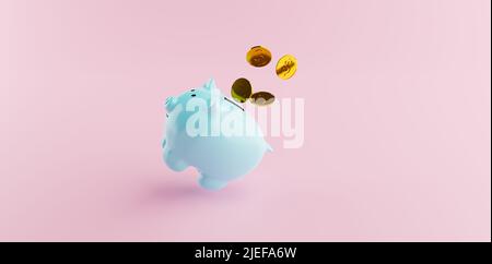 Schönes blaues Sparschwein auf rosa Hintergrund mit Goldmünze Aktion, 3D Abbildungen Rendering Stockfoto