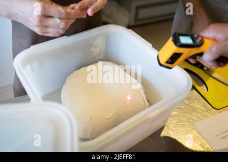 Der Prozess der Herstellung von Weizenbrot in einer handwerklichen Bäckerei. Messung der Temperatur des Teigs. Vorderansicht. Stockfoto