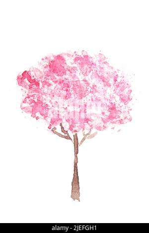 Blühender Aquarell rosa Baum. Frühlingsblume in Blüte auf Zweig. Wunderschöne Sommerdarstellung. Handzeichnung skizzieren. Japanische Aquarellkarte. Sakura-Designelement Stockfoto