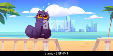 Nette Katze sitzt auf hölzernen Terrassenzaun am Strand. Vektor-Cartoon-Illustration der tropischen Sommerlandschaft mit Palmen und schwarzen lustigen pelzigen Kätzchen auf Geländer Veranda, Skyline der Stadt im Hintergrund Stock Vektor