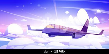 Flugzeug fliegen am Himmel über weißen, flauschigen Wolken und Sonne. Konzept der Passagierflugzeuge Flug, Reise, kommerzielle Luftfahrt. Vektor-Cartoon-Illustration von fliegenden großen Flugzeug auf sonnigen Himmel Hintergrund Stock Vektor