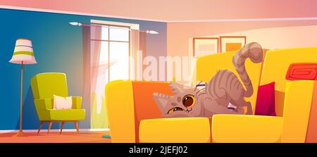 Wohnzimmer mit niedlicher Katze reibt sich auf dem Sofa gegen das Kissen. Vektor-Cartoon-Illustration der modernen Lounge-Interieur mit gelber Couch, Sessel und lustige tabby Kätzchen auf sie Stock Vektor