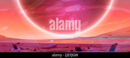 Mars-Landschaft, außerirdischer Planet Sonnenuntergang Hintergrund, rote Wüste rissige Oberfläche mit Steinen, Sterne leuchten. Martian Raum Boden, Landschaft Spiel Kulisse mit großer Kugel in rosa Himmel, Cartoon-Vektor-Illustration Stock Vektor