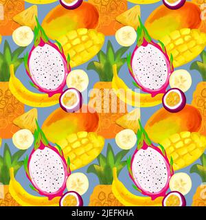 Nahtloses Muster mit tropischen Früchten mit Mango, Banane, Ananas, Pitahaya, Passionsfrucht auf blauem Hintergrund Stock Vektor