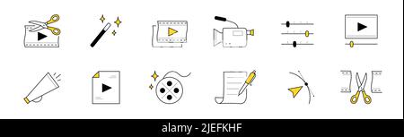 Video Edition Doodle Icons Vektorset. Film, Schere, Zauberstab und Camcorder. Schieberegler, Lautsprecher, Wiedergabetaste und Rolle. Stift mit Papiervertrag, Pfeil, Musik-App und Monitor Stock Vektor