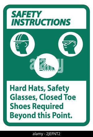 Sicherheitsanweisungen Schild Hartmütze, Schutzbrille, Geschlossene Schuhe Erforderlich Über Diesen Punkt Hinaus Stock Vektor