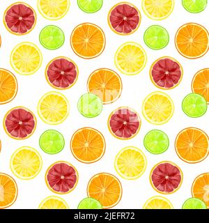 Nahtloses Muster mit Zitrusfrüchten mit Orange, Grapefruit, Zitrone und Limette auf weißem Hintergrund Stock Vektor