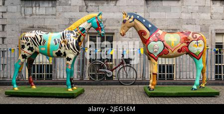 Limerick, Irland - 4. Juni 2022: Holzpferde vor dem Jagdmuseum in Limerick, Irland Stockfoto