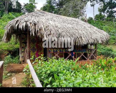 Traditionelle Holzhütte mit Schilfdach auf der Insel Colon, im Bocas del Toro Archipel, Panama, Mittelamerika. Stockfoto