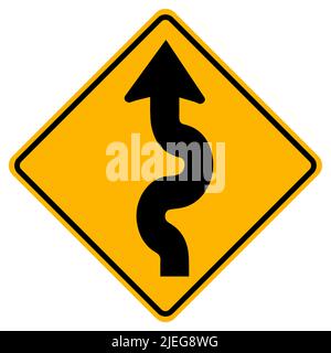 Warnschilder kurvenreiche Straße, erste Kurve nach links auf weißem Hintergrund Stock Vektor