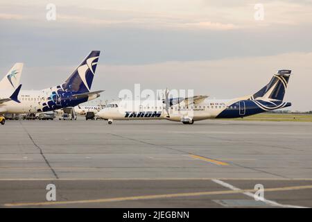 Otopeni, Rumänien - 26. Juni 2022: Flugzeug der Fluggesellschaften Tarom und Blue Air auf dem Flughafen Henri Coanda. Stockfoto