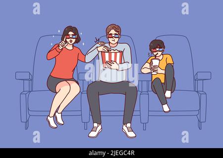 Glückliche Familie mit 3D Gläsern genießen Sie gemeinsam Filme im Kino. Lächelnde Eltern und Sohn haben am Wochenende viel Spaß beim Film im Theater. Unterhaltungskonzept. Vektorgrafik. Stock Vektor