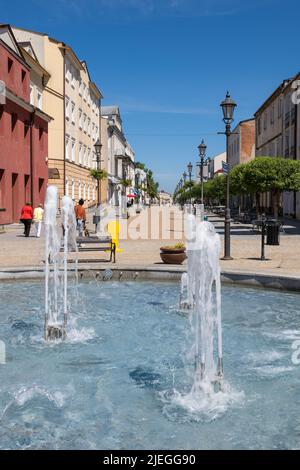 Ciechanow, Masovia, Polen - 5. Juni 2022: Brunnen in der Warszawska Straße im Stadtzentrum. Stockfoto